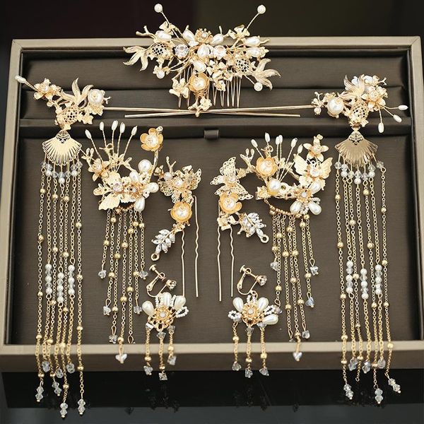 

party masks bridal headdress chinese gold hair accessories set wedding hanfu tassel step shake hairpin ancient style kanzashi crown