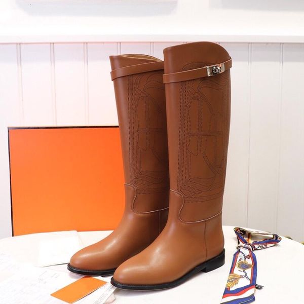 

boots genuine leather high women belt buckle winter fashion kelly knee leisure flats brand for, Black