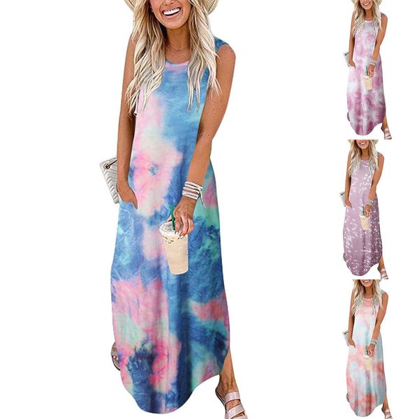 

summer large women's tie dye print long dress short sleeve, Black;gray