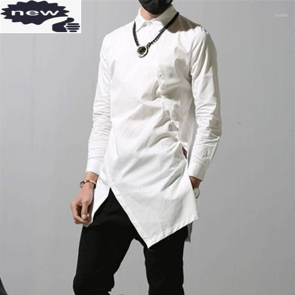 

high street summer loose fit long sleeve shirt mens fashion asymmetrical lapel button up autumn design casual solid shirts men's, White;black