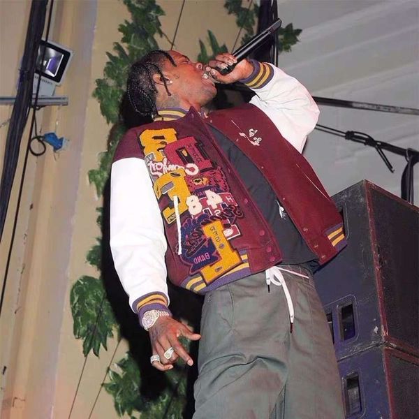 

travis limited woolen leather sleeve stitching embroidery baseball uniform men's loose trend coat men and women cotton jacket, Black;brown