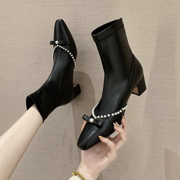

elegant ladies pearls ankle boots autumn winter 2021 comfortable med square heels short pu pleather boots shoes woman, Black