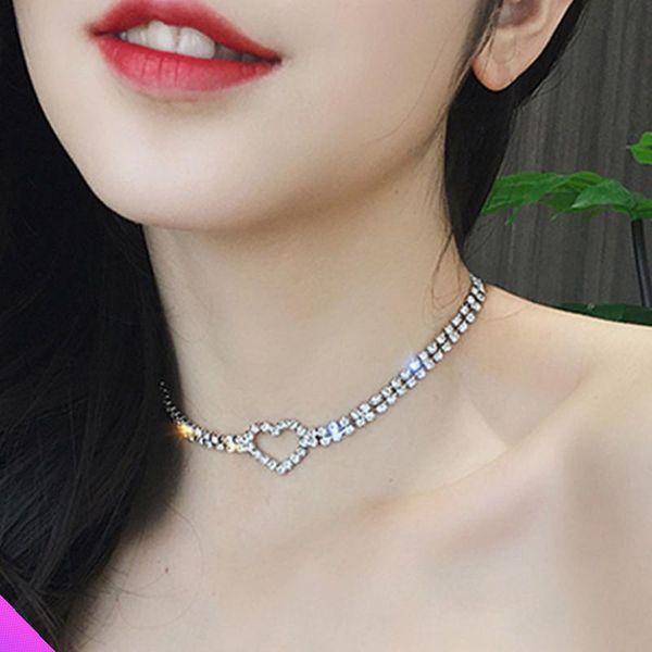 

chokers crystal heart shaped clavicle short necklace metal 2021 summer sweet fashion girl lady jewelry gift, Golden;silver