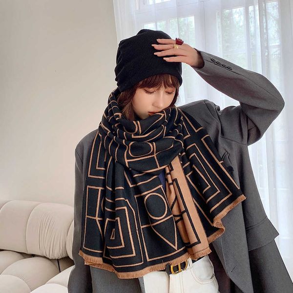 

double sided jacquard live broadcast imitation cashmere shawl lattice geometric thickened warm scarf female, Blue;gray