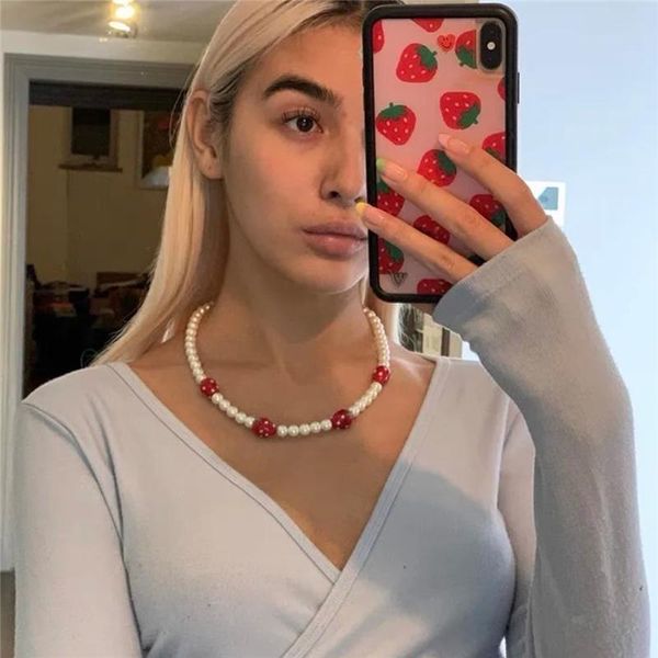 

chains 2021korean ins strawberry pearl necklace trendy fruit sweet choker for women girl summer holiday jewelry, Silver