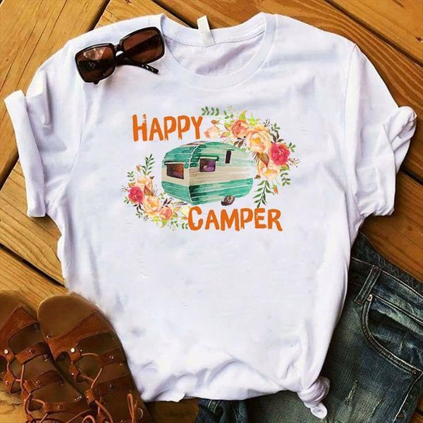 

happy camper floral printed women t shirts short sleeve clothes graphic, White