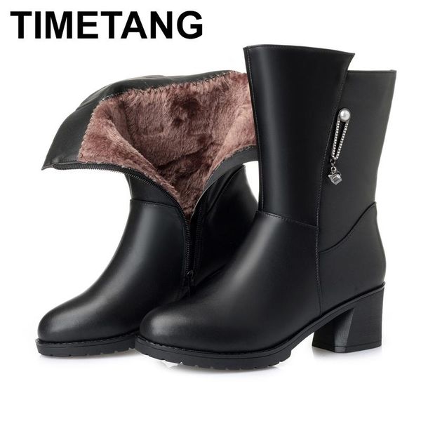 

boots timetangwinter shoes woman thick heel in-tube 2021 plush / wool snow cowhide leather women plus size, Black