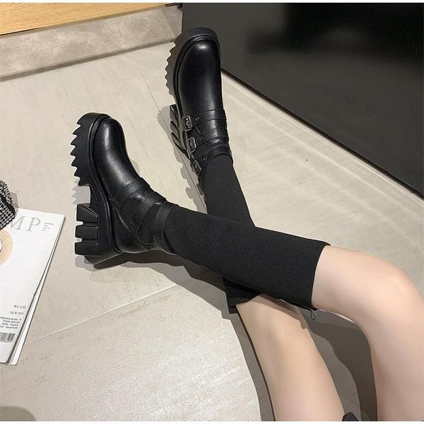 

boots women long ladies thick bottomn mid calf shoes pu platform buckle strap elastic fashion non slip woman footwear 2021, Black