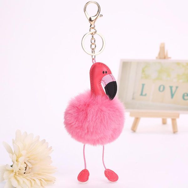 

keychains 11colors pu leather flamingo pendant keychain big faux fur pompom cute animal key ring women hand bag car decoration, Silver