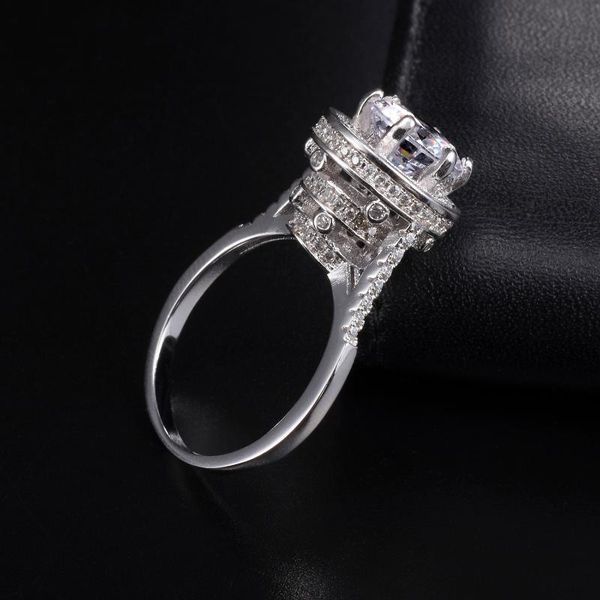 

cluster rings solid 100% 925 sterling silver wedding for women big round 3ct simulated diamond tower engagement ring gemstone jewelry, Golden;silver