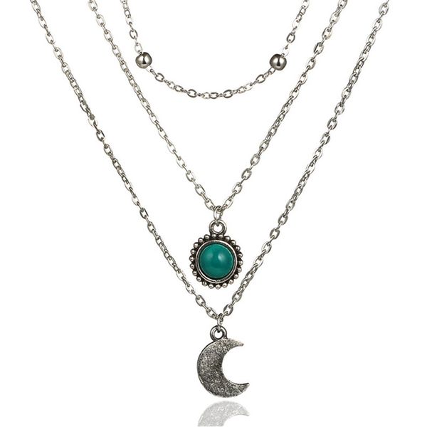 

designed for cross-border jewelry loose stone moon three new multi-layer necklace retro sweater chain inlaid diamond, Silver