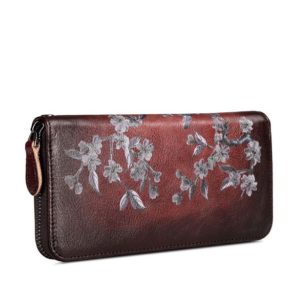 

wallet vegetable tanned leather long zipper head hand bag men's, Red;black
