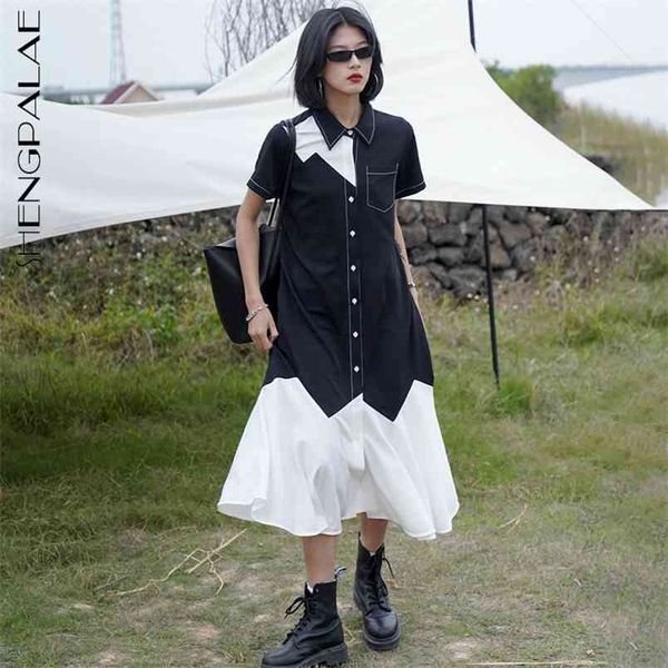 

contrast color shirt dress women's summer lapel single breasted short sleeve mid-calf dresses female tide 210427, Black;gray