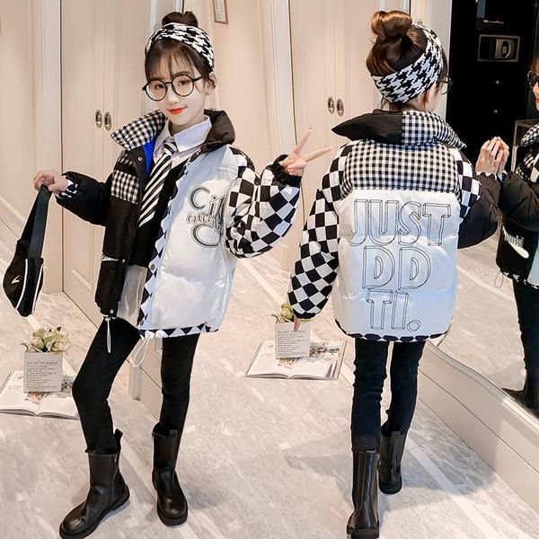 

down coat personalized cotton jacket for girl children's parkas coats winter clothes plaid patchwork letters print padded warm outerwea, Blue;gray