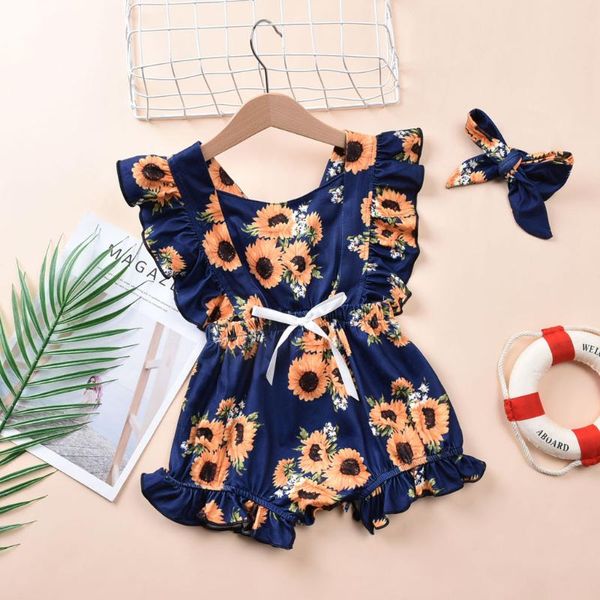 

jumpsuits 2021 summer born infant baby girls rompers sleveless ruched sunflowers romper + headbands casual clothes holiday outfits, Blue