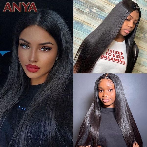 

anya straight 13*4 lace front wig pre plucked human hair wigs 30 inch transparent malaysia remy for black women1, Black;brown