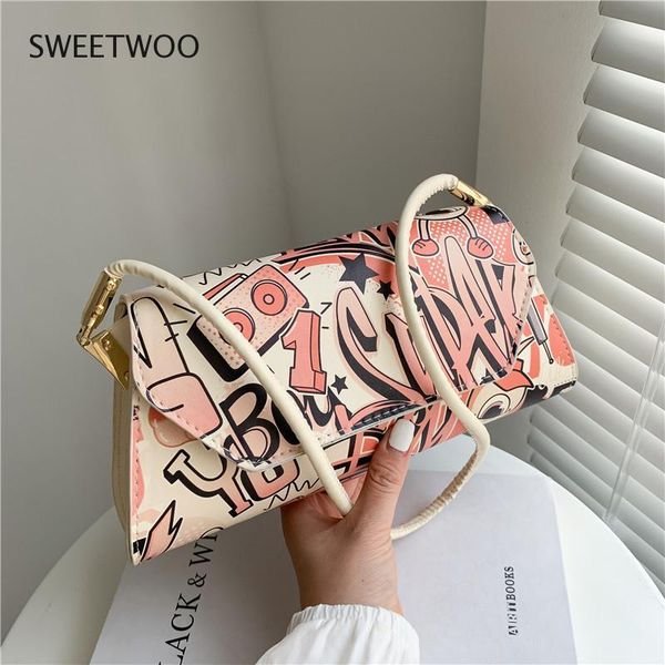

evening bags totes for women 2021 pu letter printing shoulder crossbody bag baguette ladies summer messenger female exquisite retro handbag