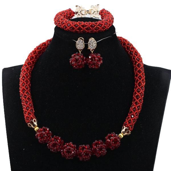 

earrings & necklace fashion wine african crystal beads weaving jewelry set nigerian bridal wedding handmade hx099, Silver