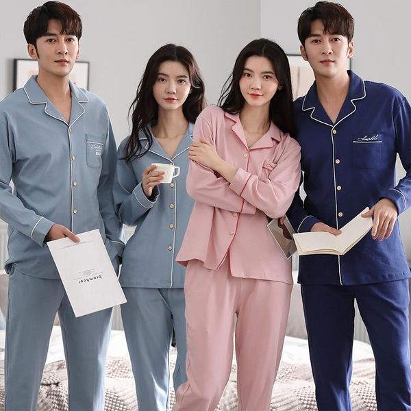 

men's sleepwear 2021 autumn couples 100% cotton long sleeve pajama sets for men korean suit pyjamas lounge homewear women home clothes, Black;brown
