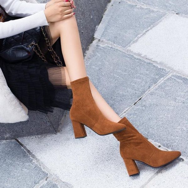

boots women velvet chunky heel ankle black brown elegant pointed toe high for winter