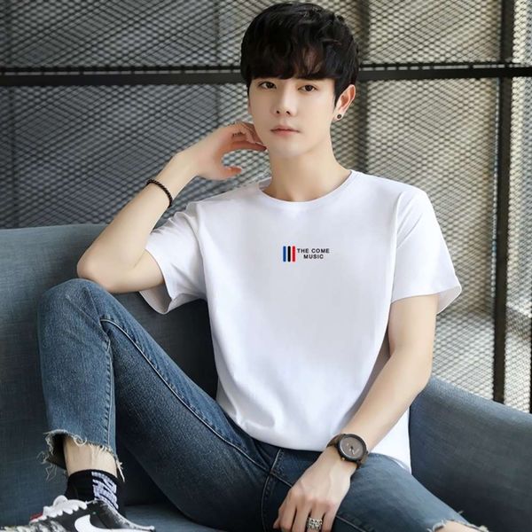 

t-shirt summer cotton short fashion brand half round neck loose clothes, White;black