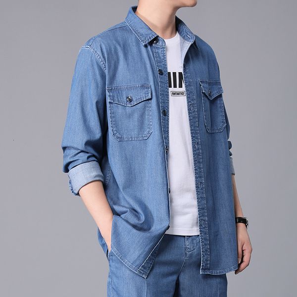 

spring 2020 thin tencel comfortable men's denim shirt 523, White;black