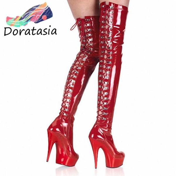 

boots doratasia lace up party dress club platform shoes design women high heels over the knee, Black
