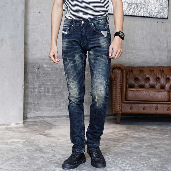 

italian style fashion men jeans retro dark blue ripped denim trousers patchwork embroidery designer vintage cotton long pants