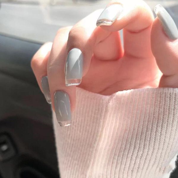 

false nails 24pcs press on nail grey patch glue type removable long paragraph fashion manicure save time ne, Red;gold