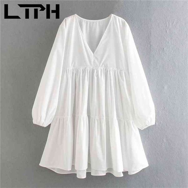 

ltph simple loose solid color women dress v-neck long sleeve holiday style thin elegant dresses spring summer 210423, Black;white