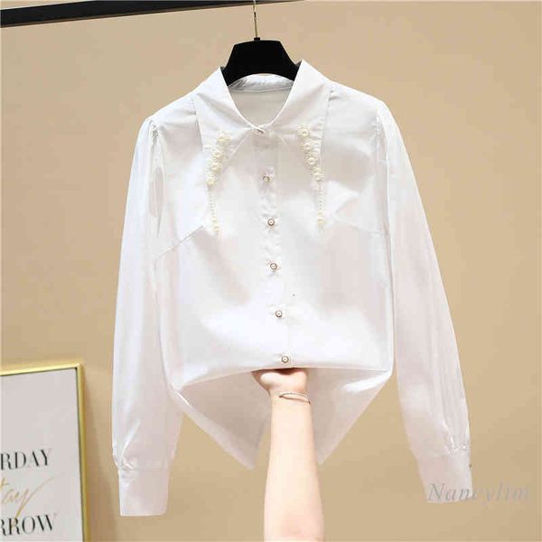 

bar beads collar long-sleeved white shirt for women spring casual all-match office lady blouse blusasa nancylim, Red;black