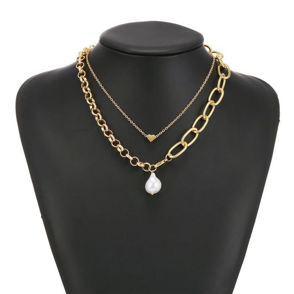 

punk link chain necklace for women 2pcs/set gold color choker gothic multilayer pearl heart pendant necklaces jewelry party chokers, Golden;silver