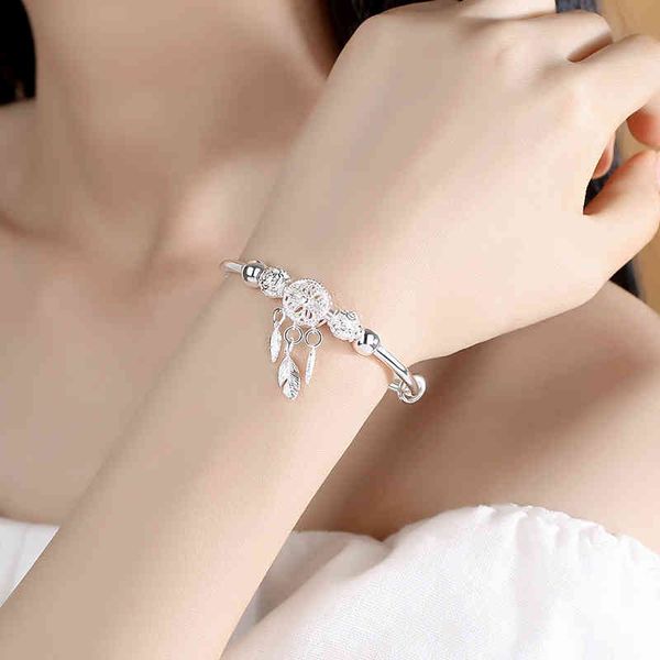 

925 sterling silver dreamcatcher tassel feather charm bracelet &bangle for women fashion elegant jewelry accessories sl209, Golden;silver