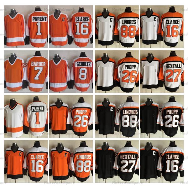 Camisas de hóquei masculinas vintage Mi08 16 Bobby Clarke 1 Bernie Parent 8 Dave Schultz 7 Bill Barber 27 Ron Hextall 88 Eric Lindros 26 Brian Propp Preto Branco Laranja Costurado Je