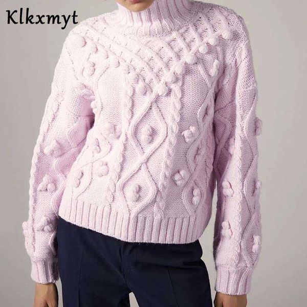 

klkxmyt za women fashion turtleneck collar ball appliques casual knitting sweater ladies chic long sleeve pullovers 210527, White;black