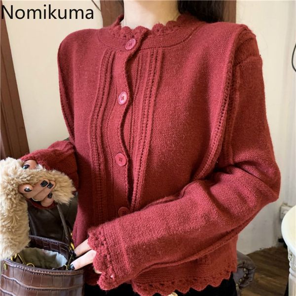 

nomikuma korean causal short knitted cardigan autumn winter long sleeve o-neck sweater women sweet knitwear jacket 6d361 210427, White