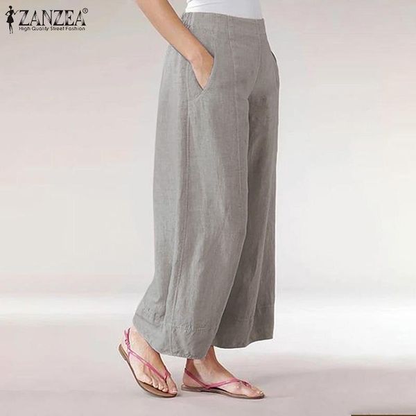 

women's autumn pleated long maxi pant female solid elastic waist trousers zanzea cotton side pocket wide leg pants oversized 5xl & capr, Black;white