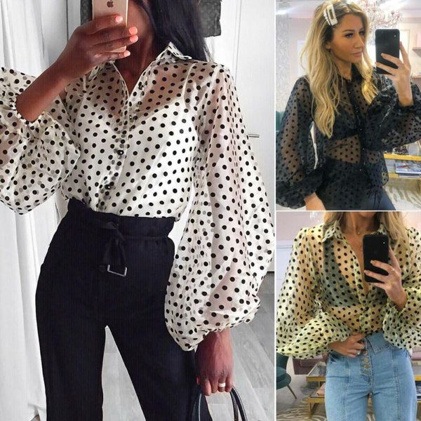 

brand fashion women v neck sheer polka dot organza blouse puff sleeve see through shirts women's blouses &, White