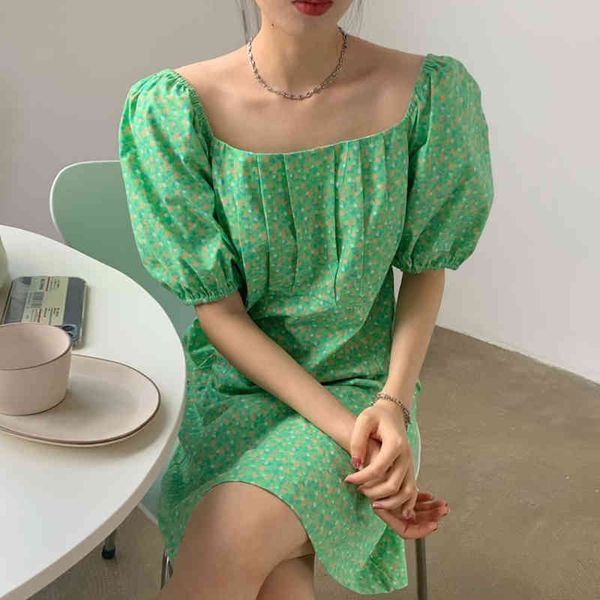 Элегантные зеленые квадратные шеи цветочные плиссированные дизайн с большим карманным и платье из рукава втулки женщин летом Daliy Patry 16W946 210510