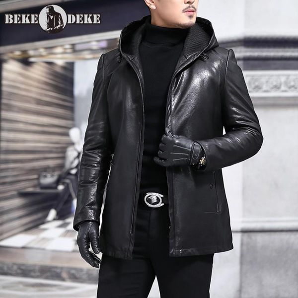 

men's leather & faux winter business casual hooded long coat mens genuine down jacket plus size l-5xl slim fit black sheepskin outerwea