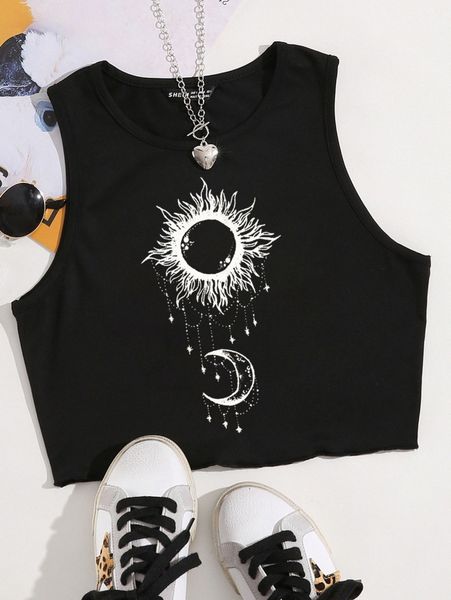 

sun and moon print crop tank 85qt#, White