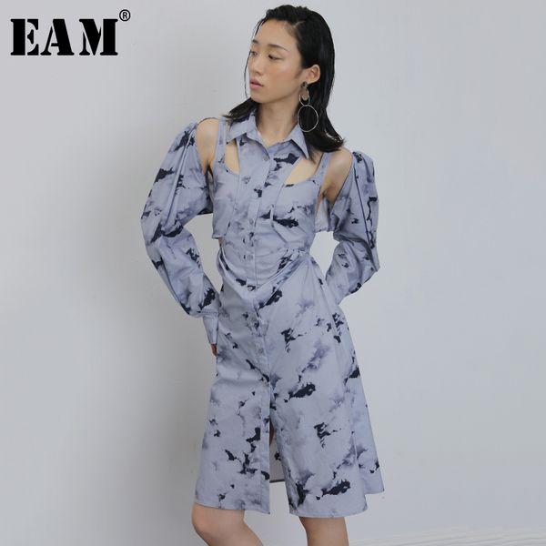 

[eam] women blue gray hollow out split dress lapel long sleeve loose fit fashion spring summer 1u568 21512, Black;gray