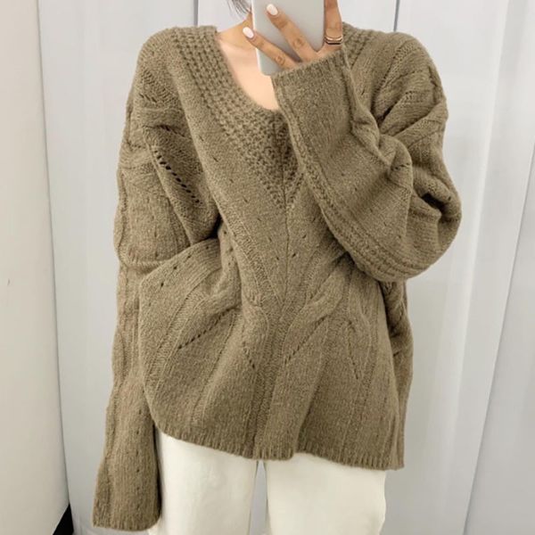 

women's sweaters korean style autumn mesh with low-necked flax standard sleeve long sweater loose fine jumper l6js, White;black