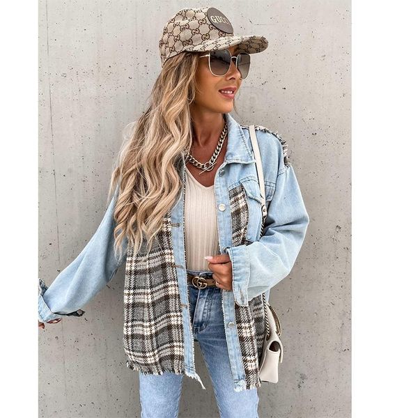 

women's jackets plaid patchwork denim shirts coat light blue long sleeve contrast oversized boyfriend blouses button cardigan, Black;brown