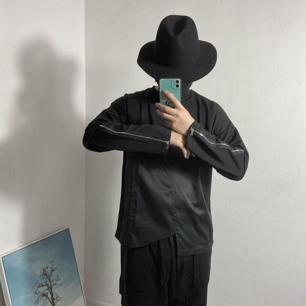 

men's t-shirts men gothic spring autumn long sleeve t-shirt zipper irregular patchwork drawstring pleated tees male black dark, White;black