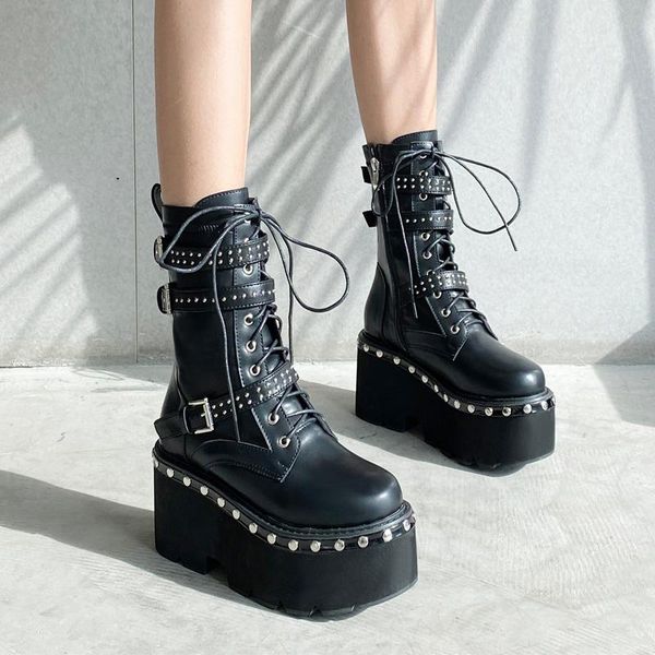 

boots buckle rivet platform punk gothic women chunky block high heels combat military motorcycle cosplay demonia, Black