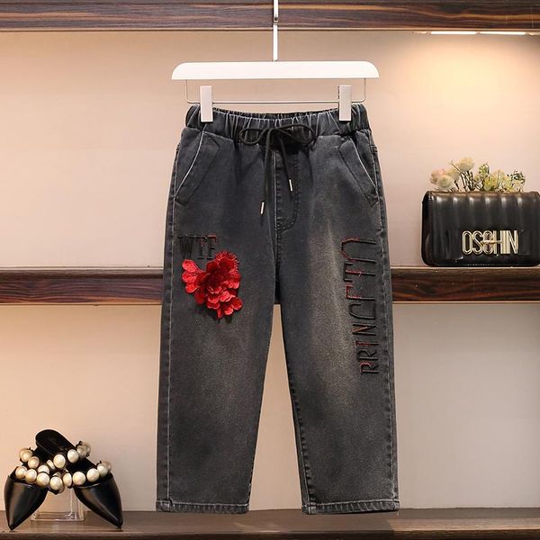 

women's jeans woman high waist plus size loose black letter embroidery floral applique summer fashion denim calf-length pants, Blue