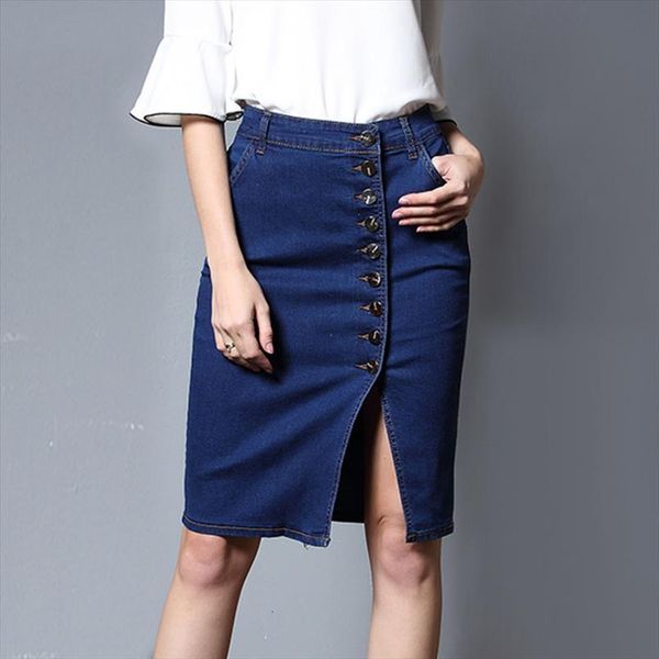 

denim casual s 6xl womens skirts thin korean button design large size, Black