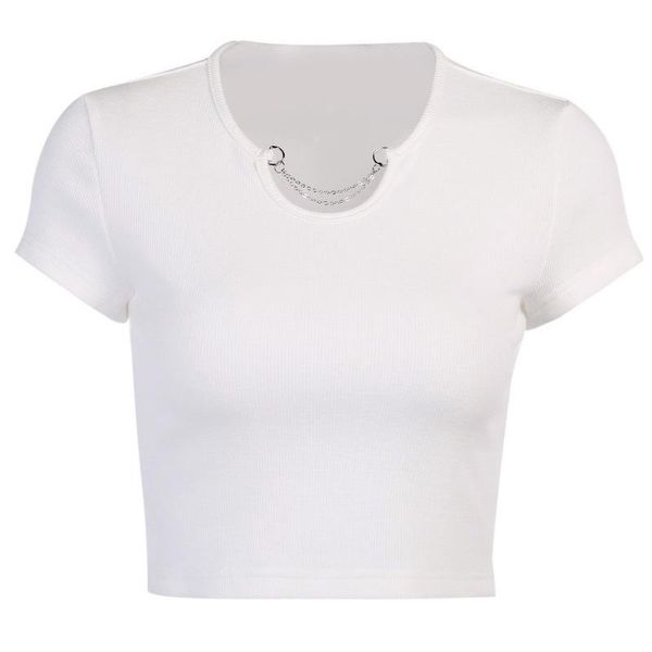 

women's t-shirt 2021 summer short sleeve slim round neck hanging chain hollow, White
