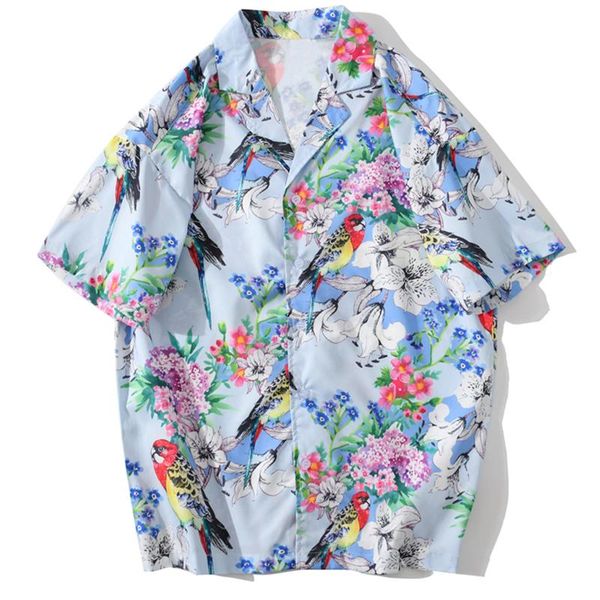 

men's casual shirts hawaiian men animal flowers print streetwear summer beachwear fashion hawaii shirt 2021 short sleeve button, White;black